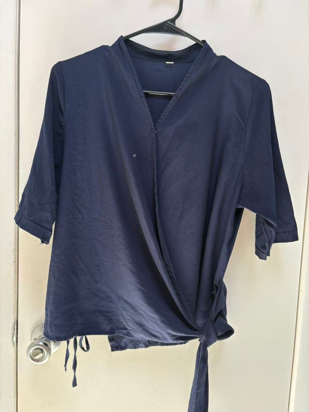 Versatile Navy Blue Wrap Top Women 2-Way Tied Blouse Open Cardigan Kimono S